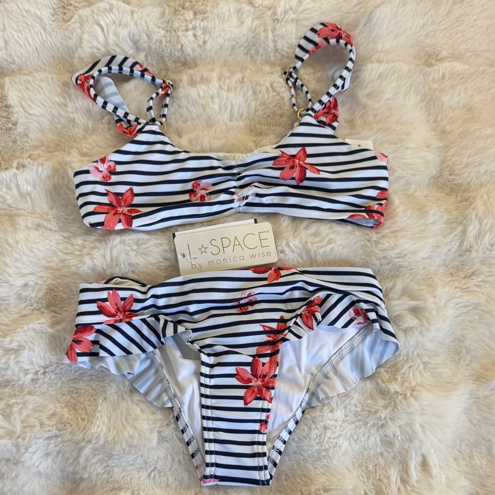 L*Space Black and White Striped Bikini with Red Floral Accents